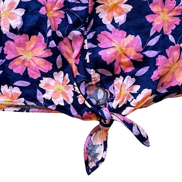 Charter Club Linen Floral‎ Print Button Front Tie Waist Short Sleeve Blouse M - Picture 4 of 7